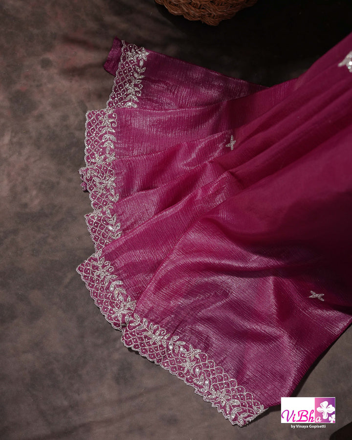 Magenta Shimmer Designer Saree with Silver-Toned Scalloped Border