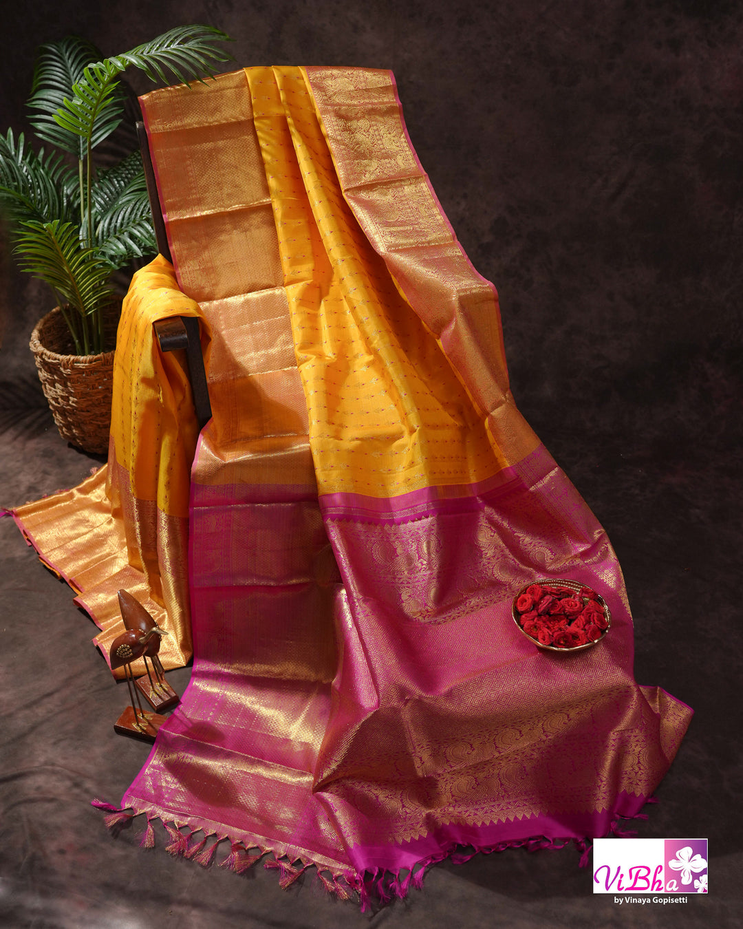Marigold Yellow Kanchi Silk Saree with Broad Gold Border and Magenta Pallu