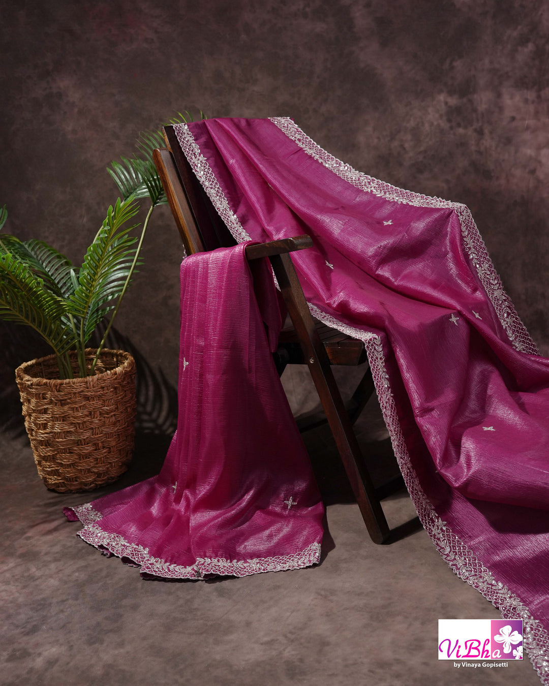 Magenta Shimmer Designer Saree with Silver-Toned Scalloped Border