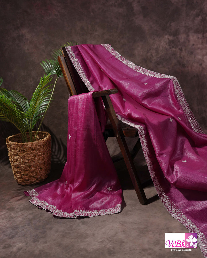 Magenta Shimmer Designer Saree with Silver-Toned Scalloped Border