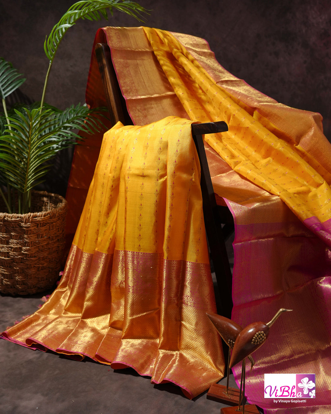 Marigold Yellow Kanchi Silk Saree with Broad Gold Border and Magenta Pallu