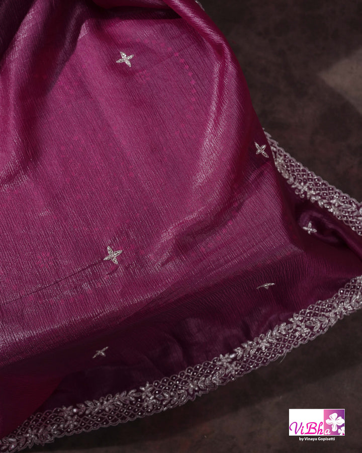 Magenta Shimmer Designer Saree with Silver-Toned Scalloped Border