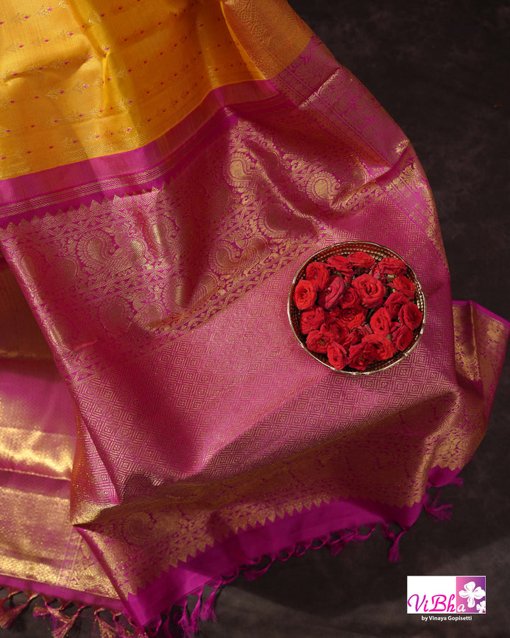 Marigold Yellow Kanchi Silk Saree with Broad Gold Border and Magenta Pallu