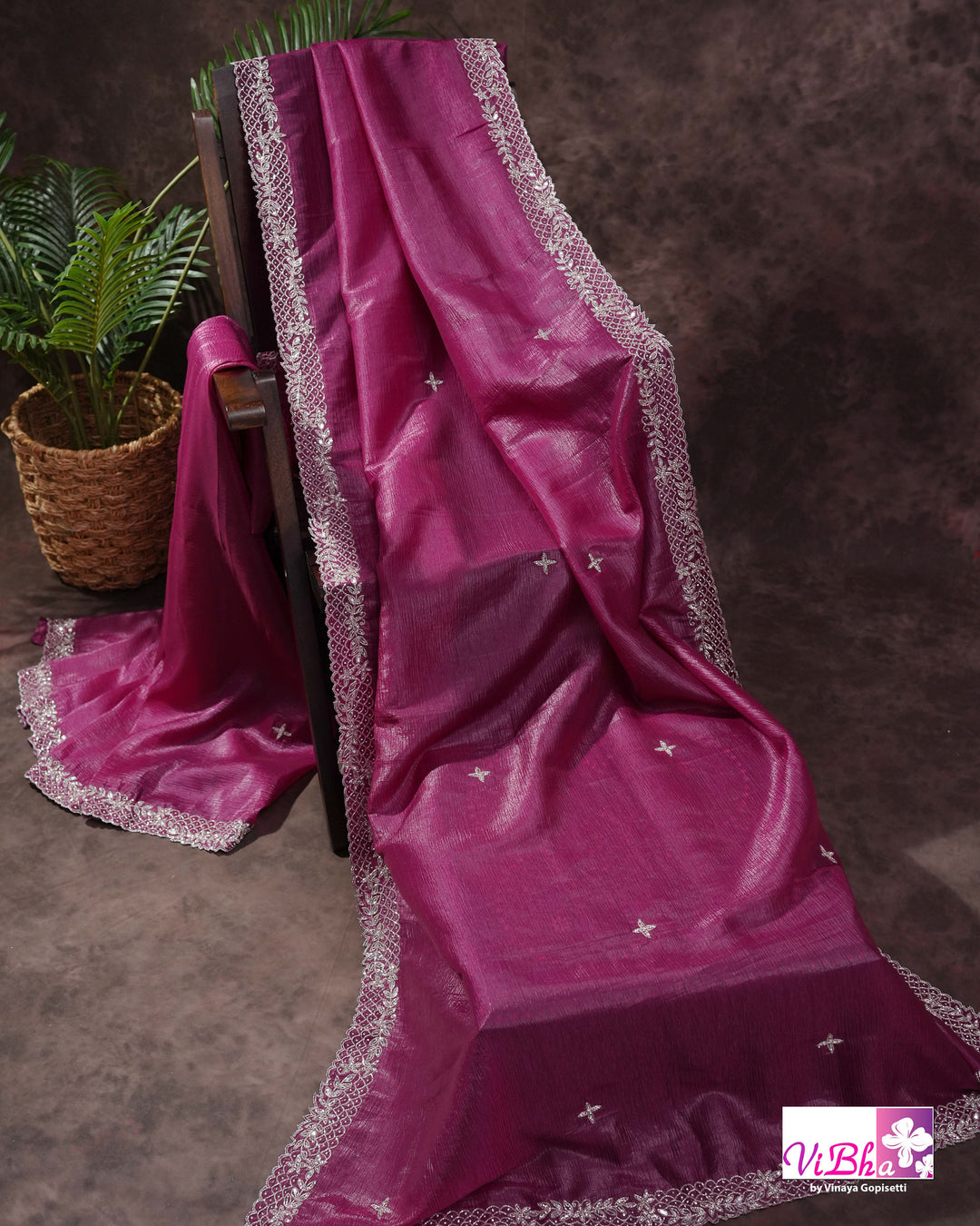 Magenta Shimmer Designer Saree with Silver-Toned Scalloped Border