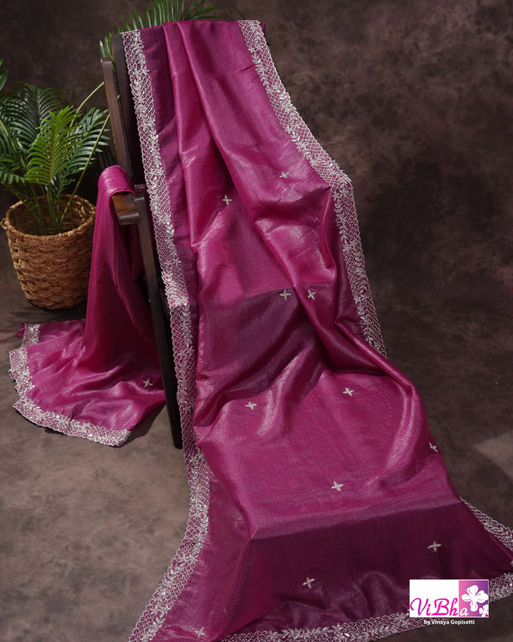 Magenta Shimmer Designer Saree with Silver-Toned Scalloped Border