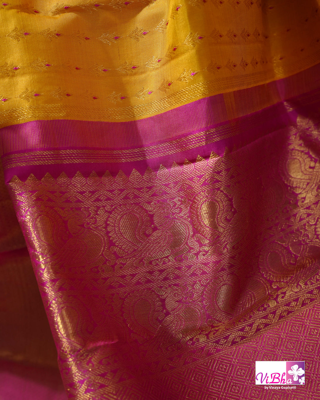Marigold Yellow Kanchi Silk Saree with Broad Gold Border and Magenta Pallu