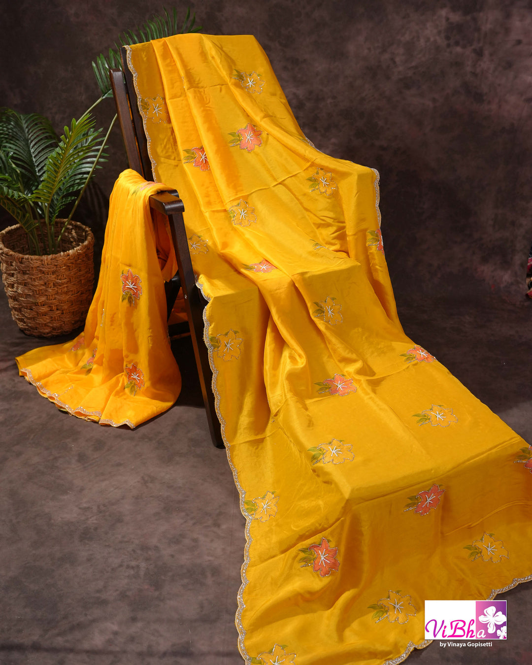 Marigold Yellow Designer Saree with Pink Floral Embroidery