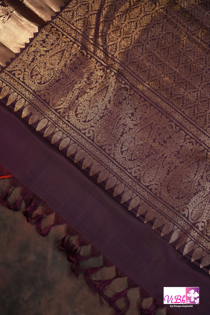 Rust Brown Kanchi Silk Saree with Blouse &amp; Elephant Motif Border
