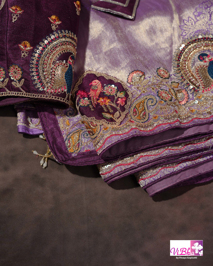 Lavender Designer Saree with Ornate Peacock and Figurative Embellishments