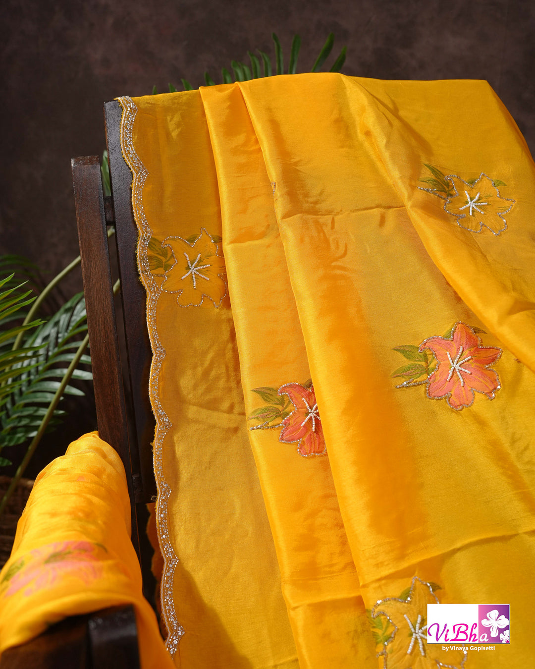Marigold Yellow Designer Saree with Pink Floral Embroidery