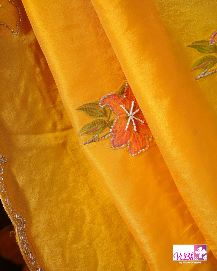 Marigold Yellow Designer Saree with Pink Floral Embroidery