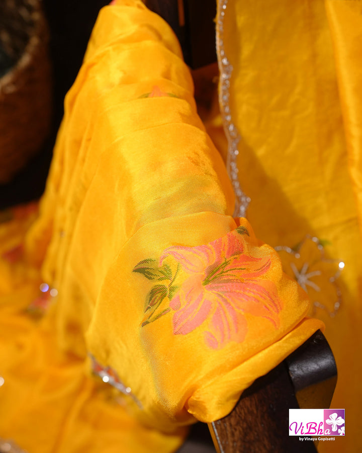 Marigold Yellow Designer Saree with Pink Floral Embroidery