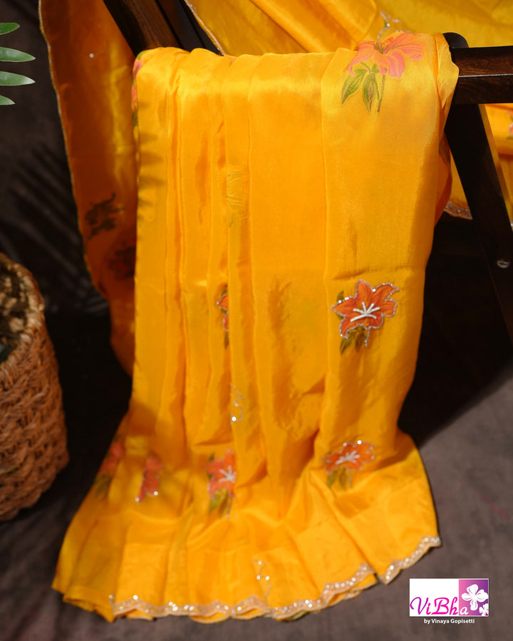 Marigold Yellow Designer Saree with Pink Floral Embroidery