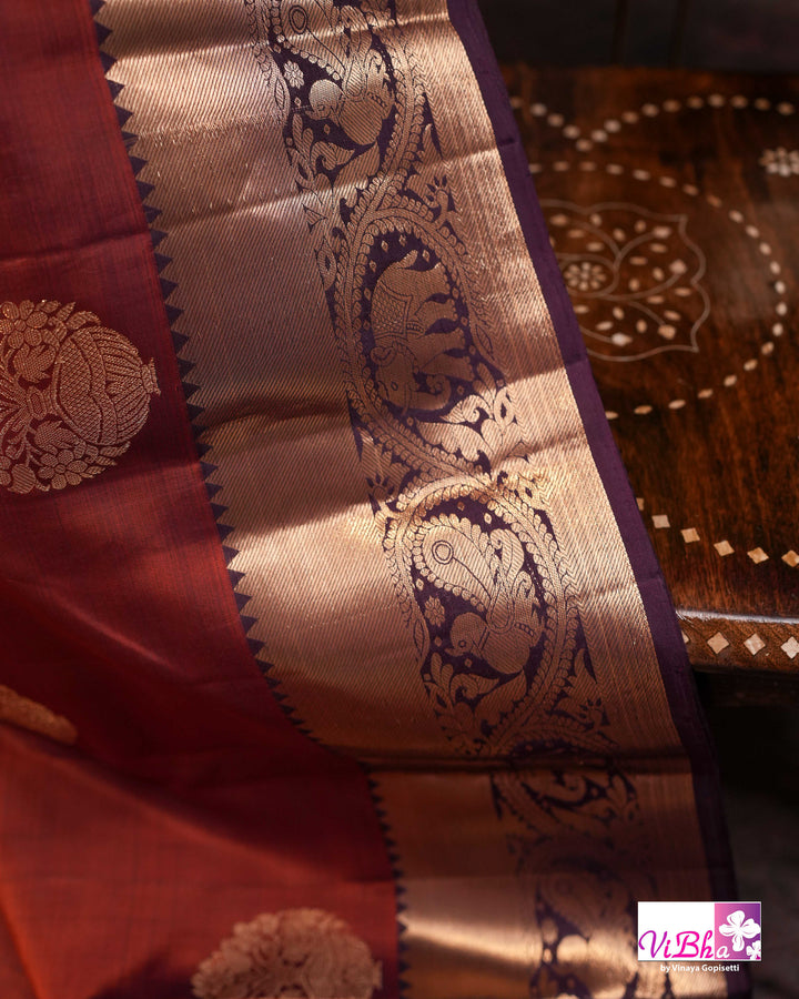 Rust Brown Kanchi Silk Saree with Blouse &amp; Elephant Motif Border