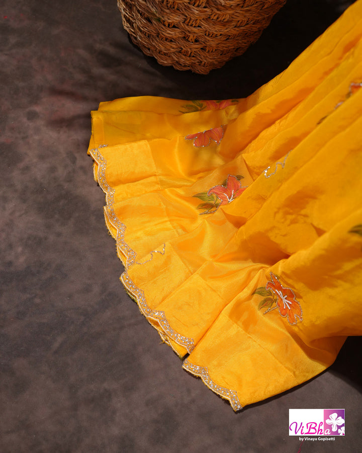 Marigold Yellow Designer Saree with Pink Floral Embroidery