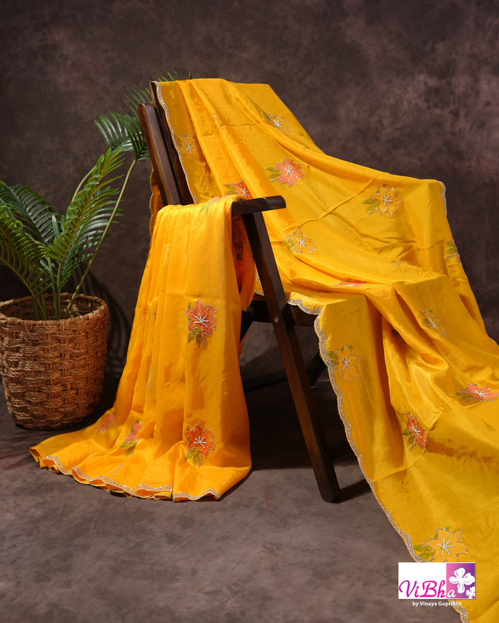 Marigold Yellow Designer Saree with Pink Floral Embroidery