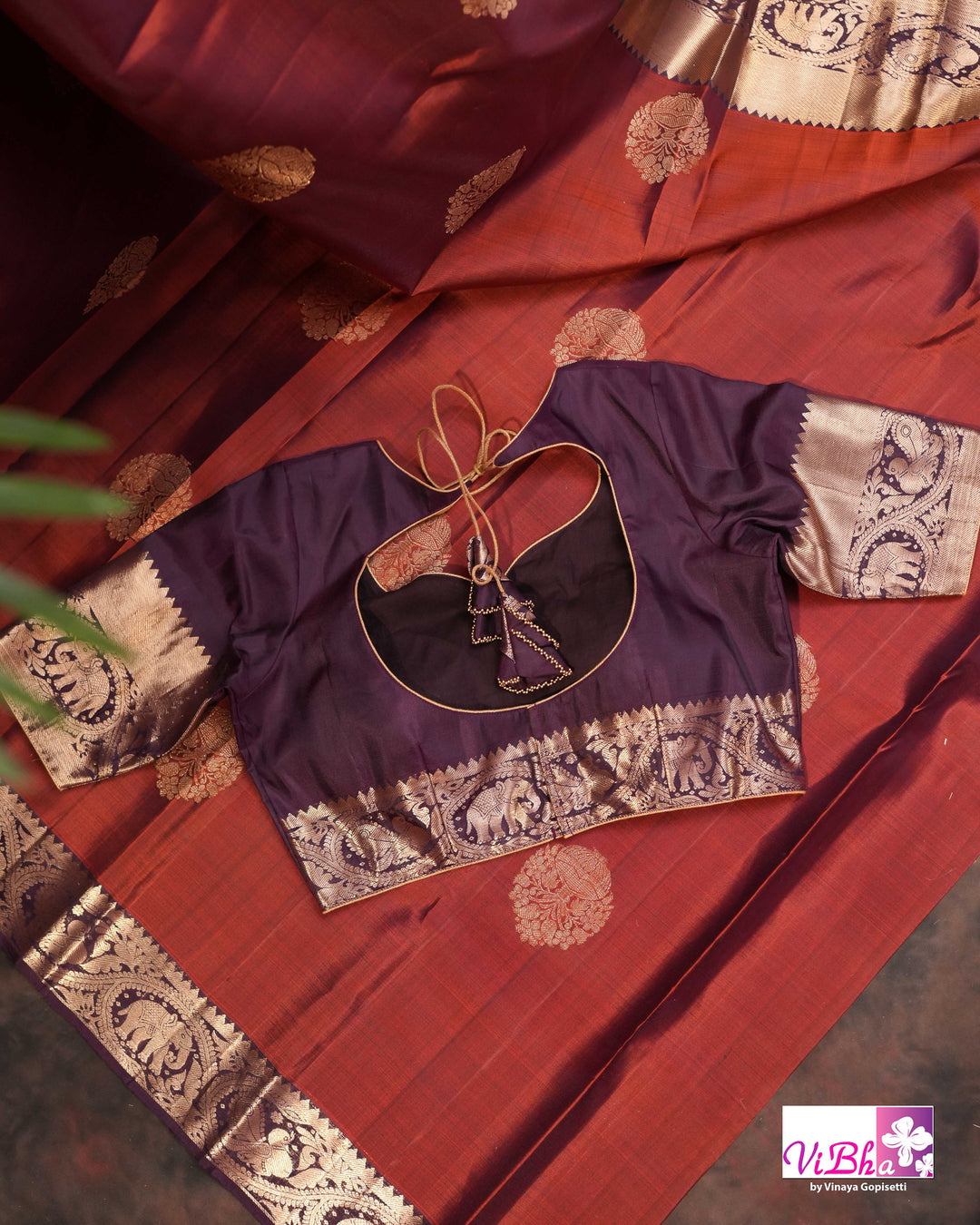 Rust Brown Kanchi Silk Saree with Blouse &amp; Elephant Motif Border
