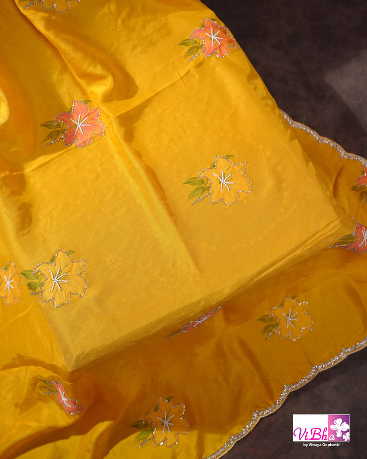 Marigold Yellow Designer Saree with Pink Floral Embroidery