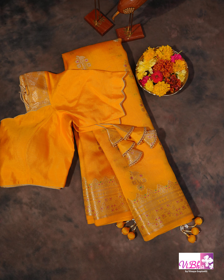 Yellow cora meenakari silk