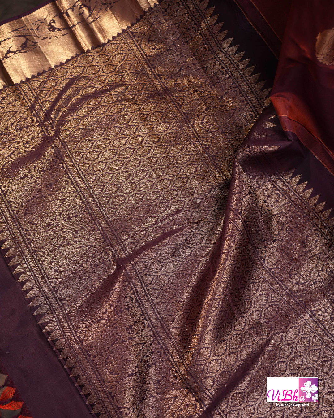 Rust Brown Kanchi Silk Saree with Blouse &amp; Elephant Motif Border