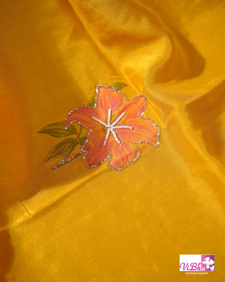 Marigold Yellow Designer Saree with Pink Floral Embroidery