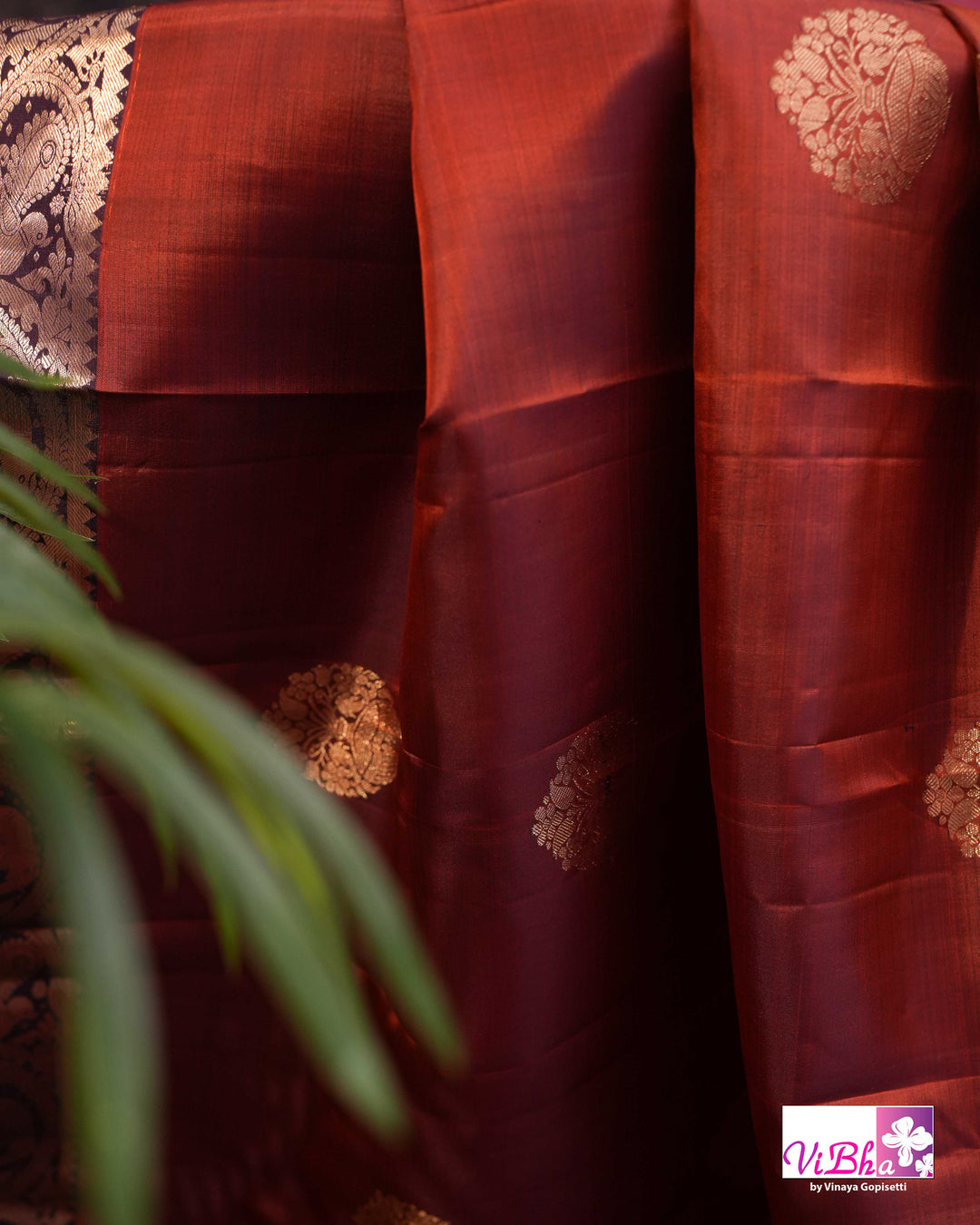 Rust Brown Kanchi Silk Saree with Blouse &amp; Elephant Motif Border