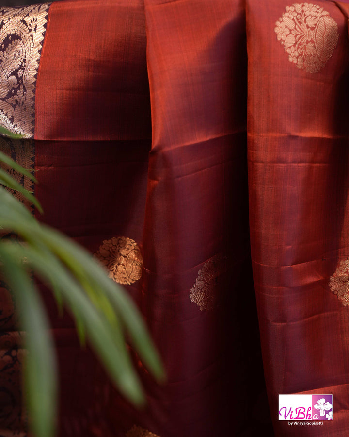 Rust Brown Kanchi Silk Saree with Blouse &amp; Elephant Motif Border