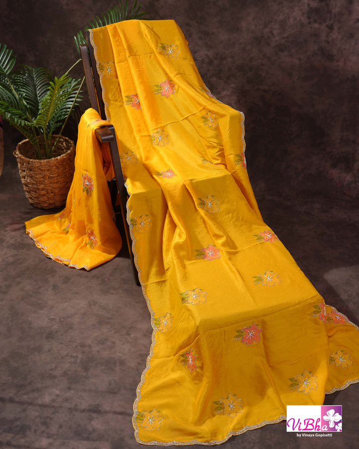 Marigold Yellow Designer Saree with Pink Floral Embroidery
