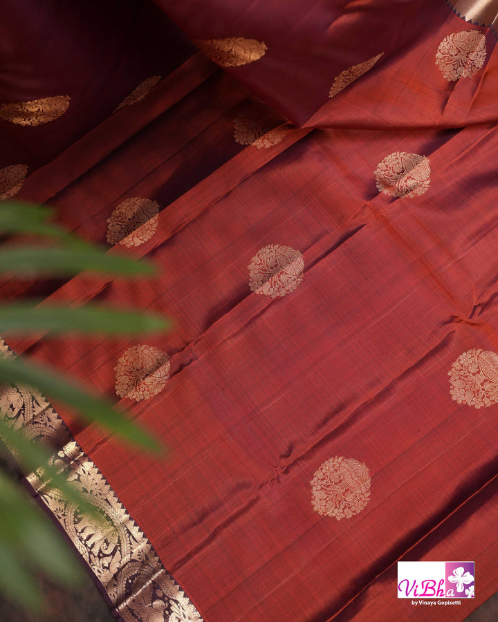 Rust Brown Kanchi Silk Saree with Blouse &amp; Elephant Motif Border