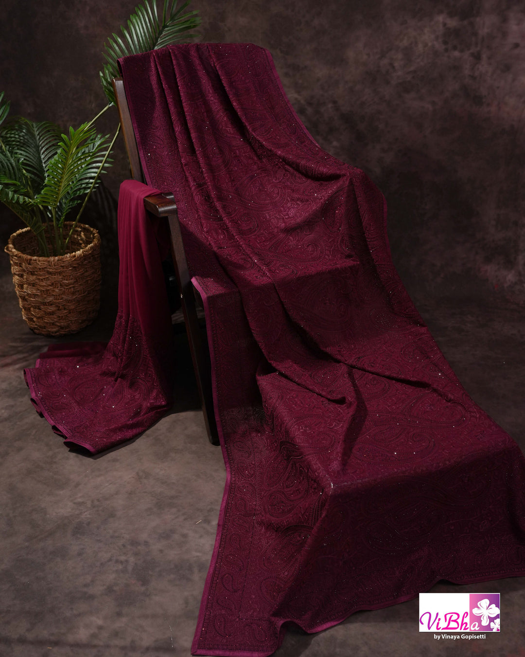 Burgundy Designer Saree with Tonal Paisley and Floral Embroidery