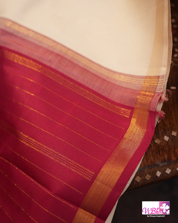 Cream Kanchi Silk Saree with Blouse &amp; Kattam Border