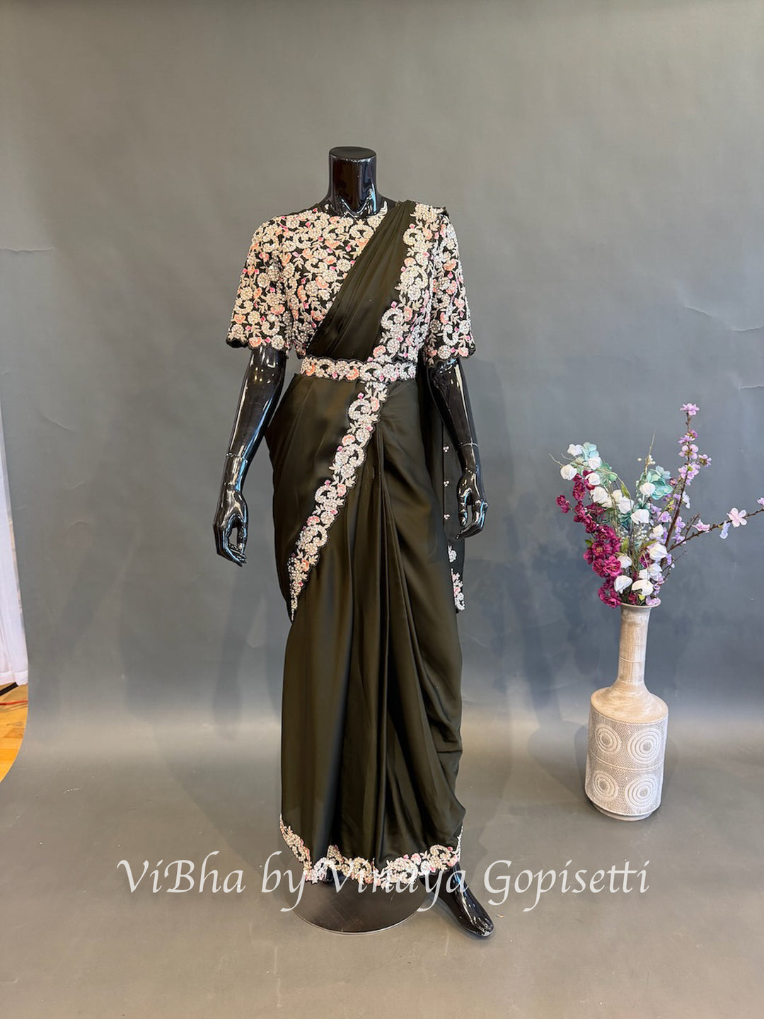 Dark Mehendi green Pre draped saree and blouse