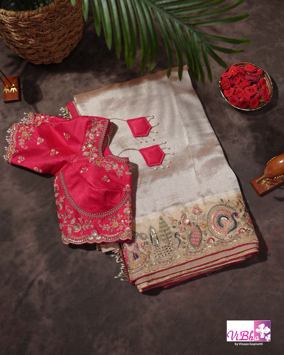 Champagne Designer Saree with Multicolour Peacock and Figurative Border