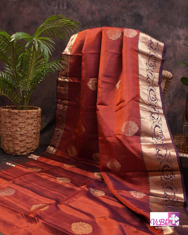 Rust Brown Kanchi Silk Saree with Blouse &amp; Elephant Motif Border