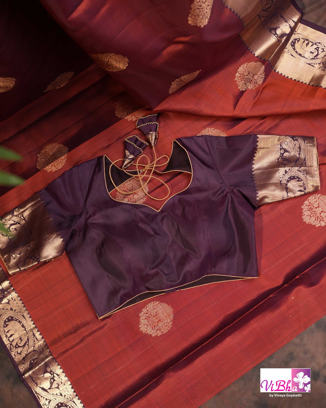 Rust Brown Kanchi Silk Saree with Blouse &amp; Elephant Motif Border