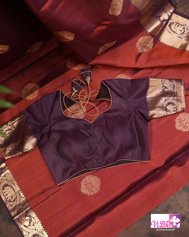 Rust Brown Kanchi Silk Saree with Blouse &amp; Elephant Motif Border