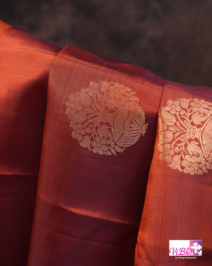 Rust Brown Kanchi Silk Saree with Blouse &amp; Elephant Motif Border