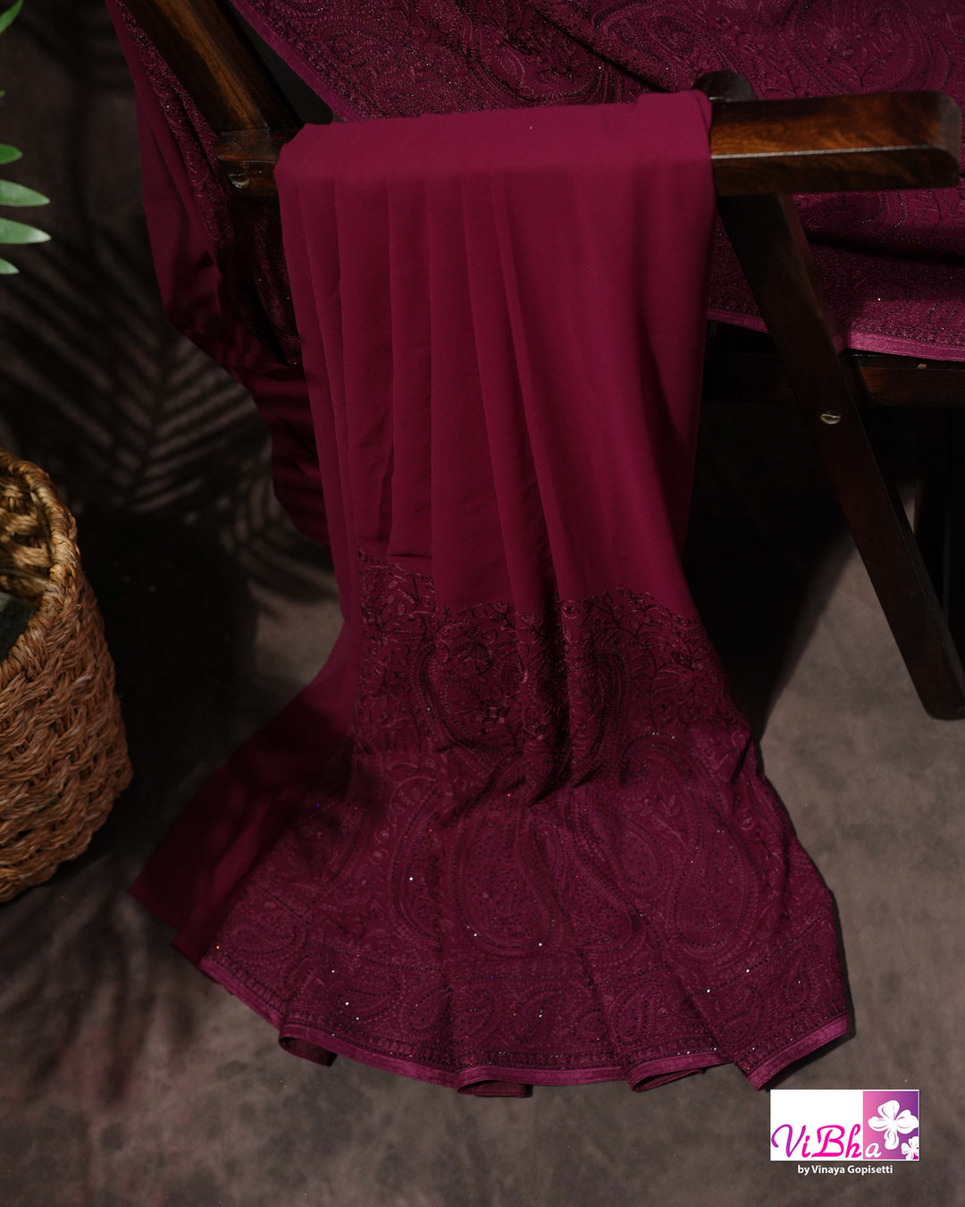 Burgundy Designer Saree with Tonal Paisley and Floral Embroidery