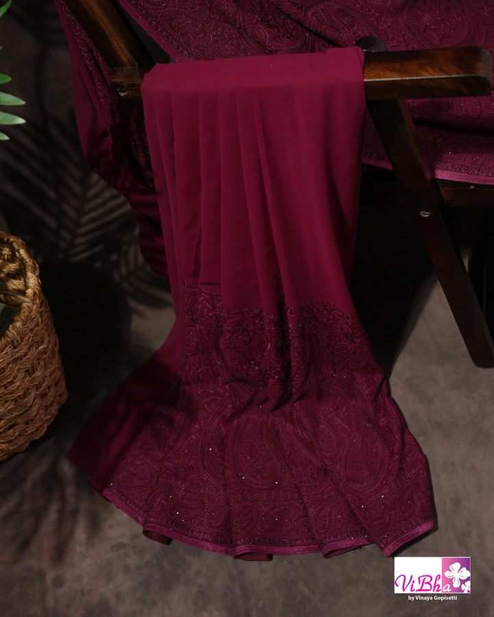 Burgundy Designer Saree with Tonal Paisley and Floral Embroidery