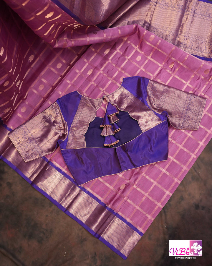 Lavender Pink Kanchi Silk Saree with Royal Purple Border and Blouse