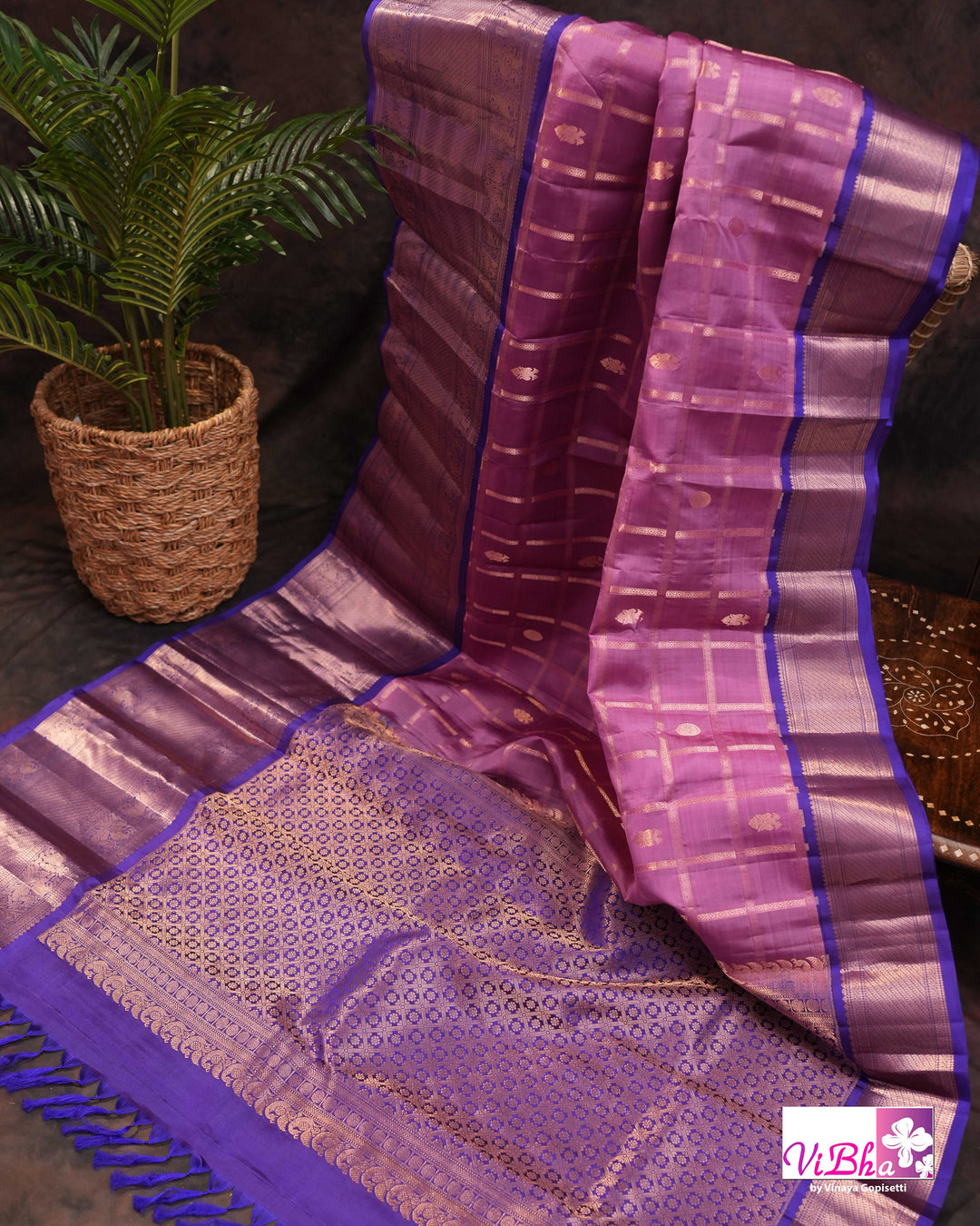 Lavender Pink Kanchi Silk Saree with Royal Purple Border and Blouse