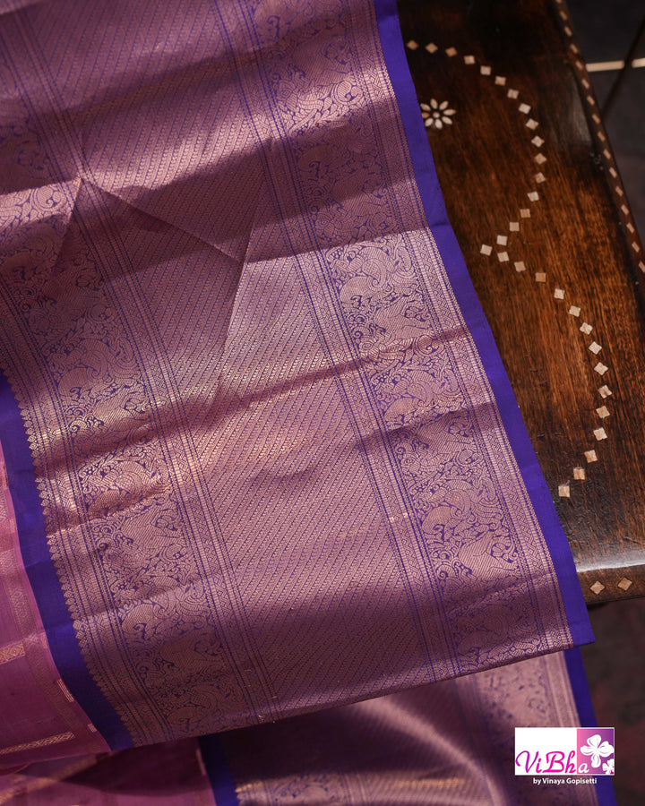 Lavender Pink Kanchi Silk Saree with Royal Purple Border and Blouse