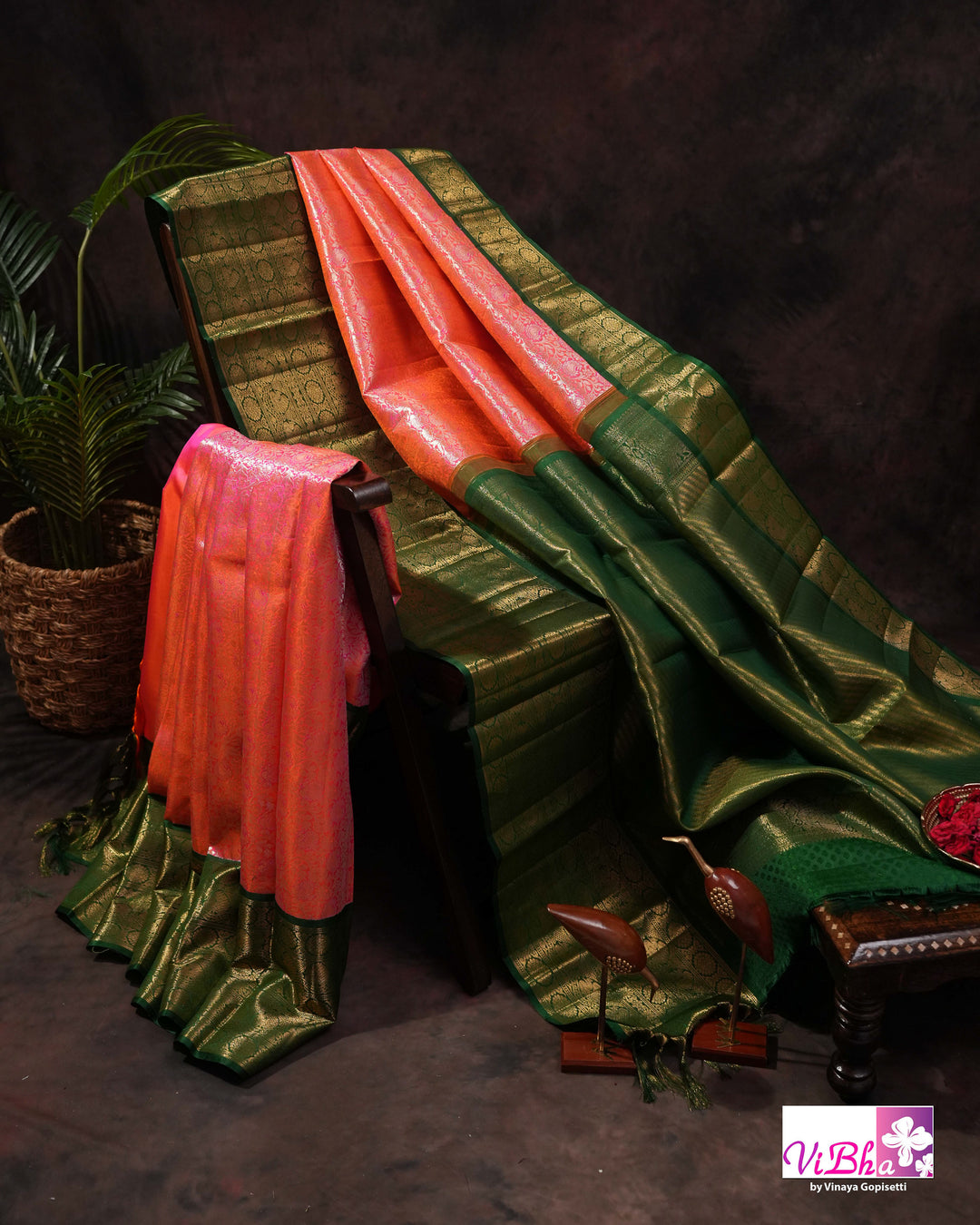 Coral Pink Kanchi Silk Saree with Floral Woven Design and Forest Green Gold Border