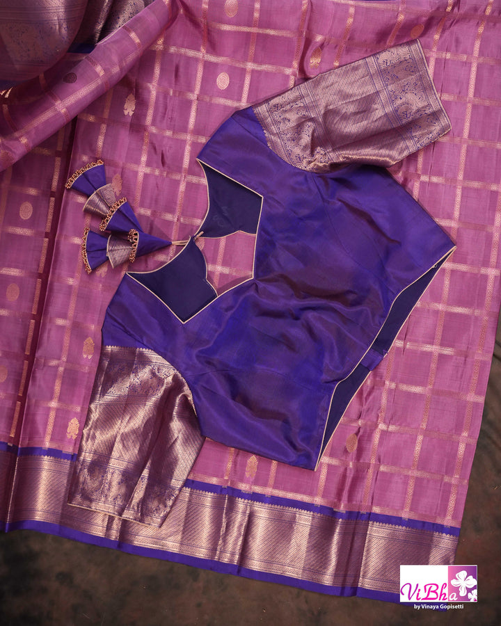 Lavender Pink Kanchi Silk Saree with Royal Purple Border and Blouse