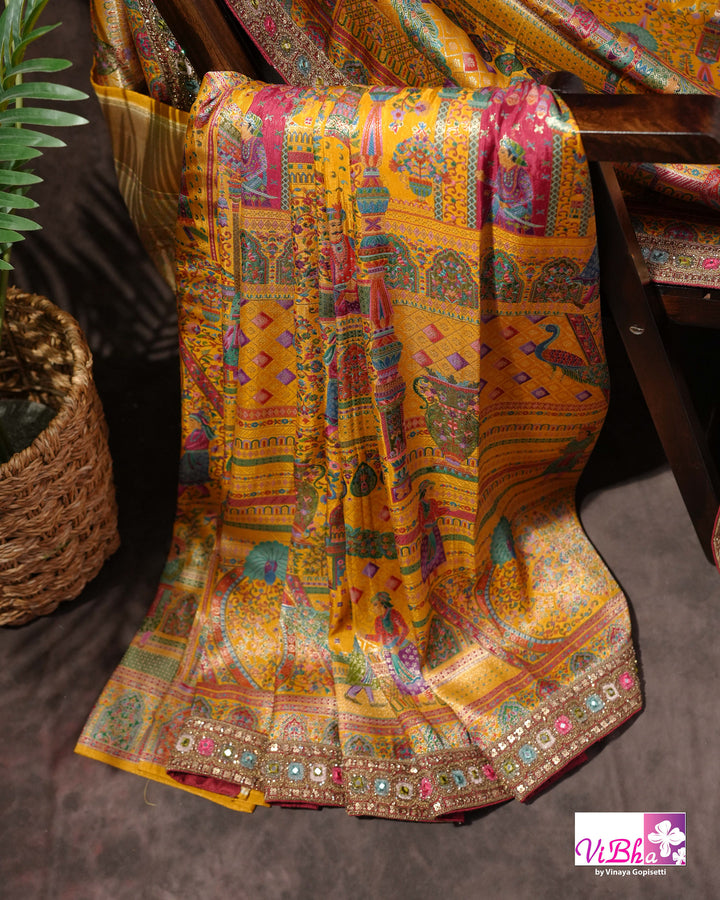 Mustard Yellow Designer Saree with Multicolour Figurative Motifs and Ornate Border
