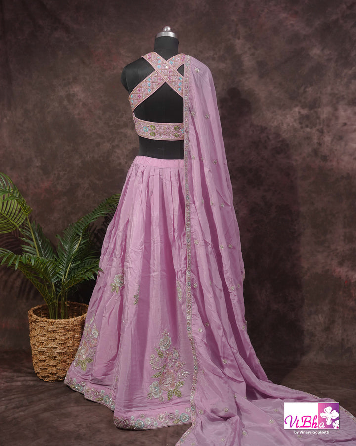 Lavender Pink Floral Embroidered Lehenga Set