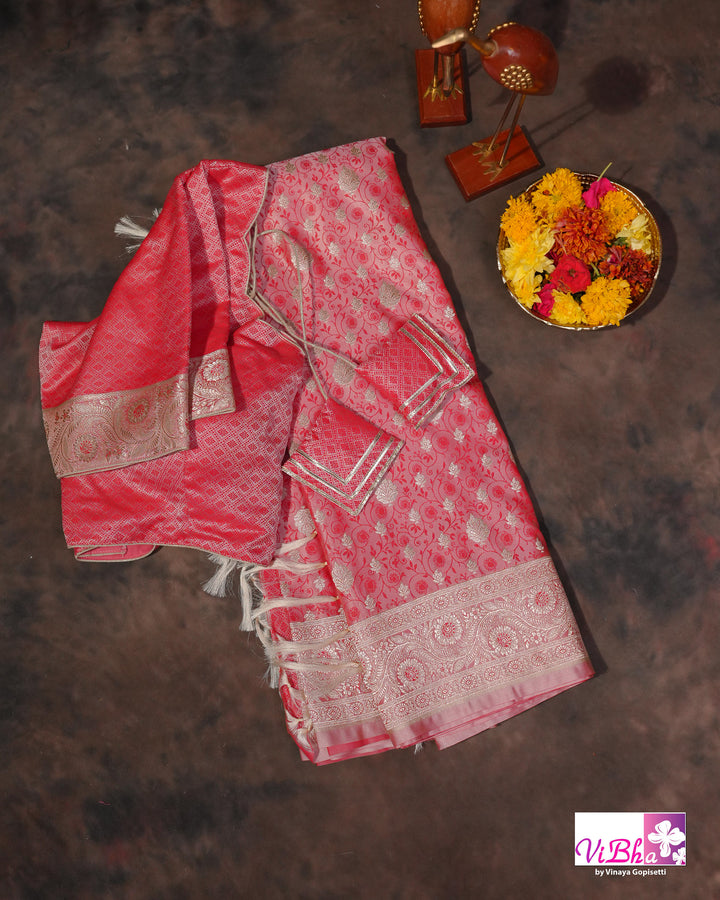 Pink and silver dual tone Jangla  saree