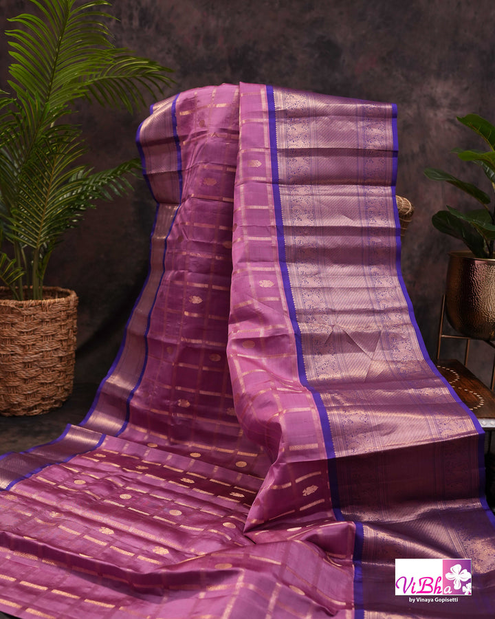 Lavender Pink Kanchi Silk Saree with Royal Purple Border and Blouse