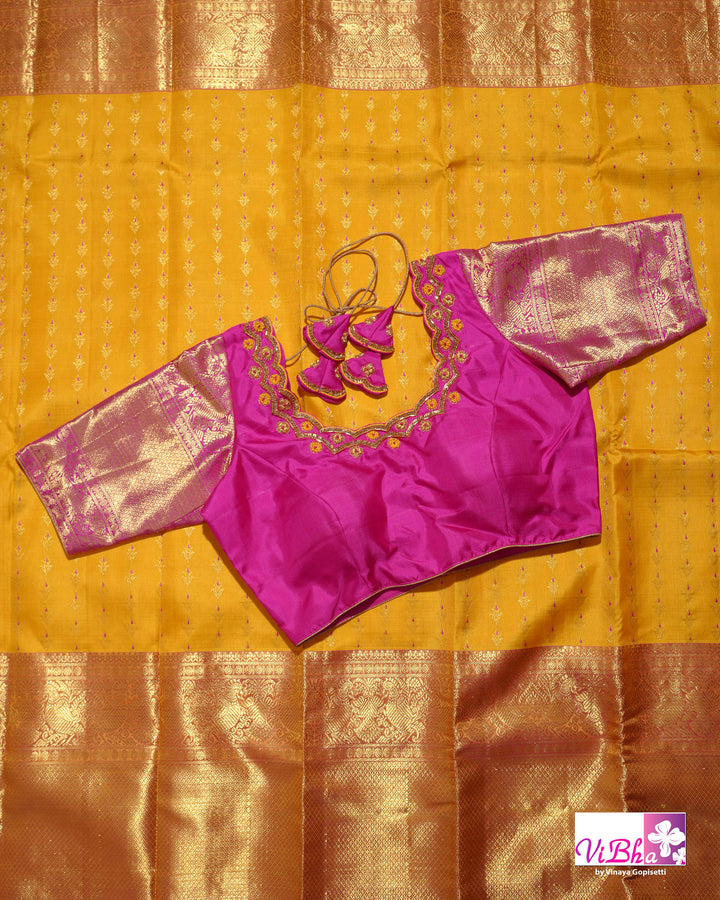 Marigold Yellow Kanchi Silk Saree with Broad Gold Border and Magenta Pallu