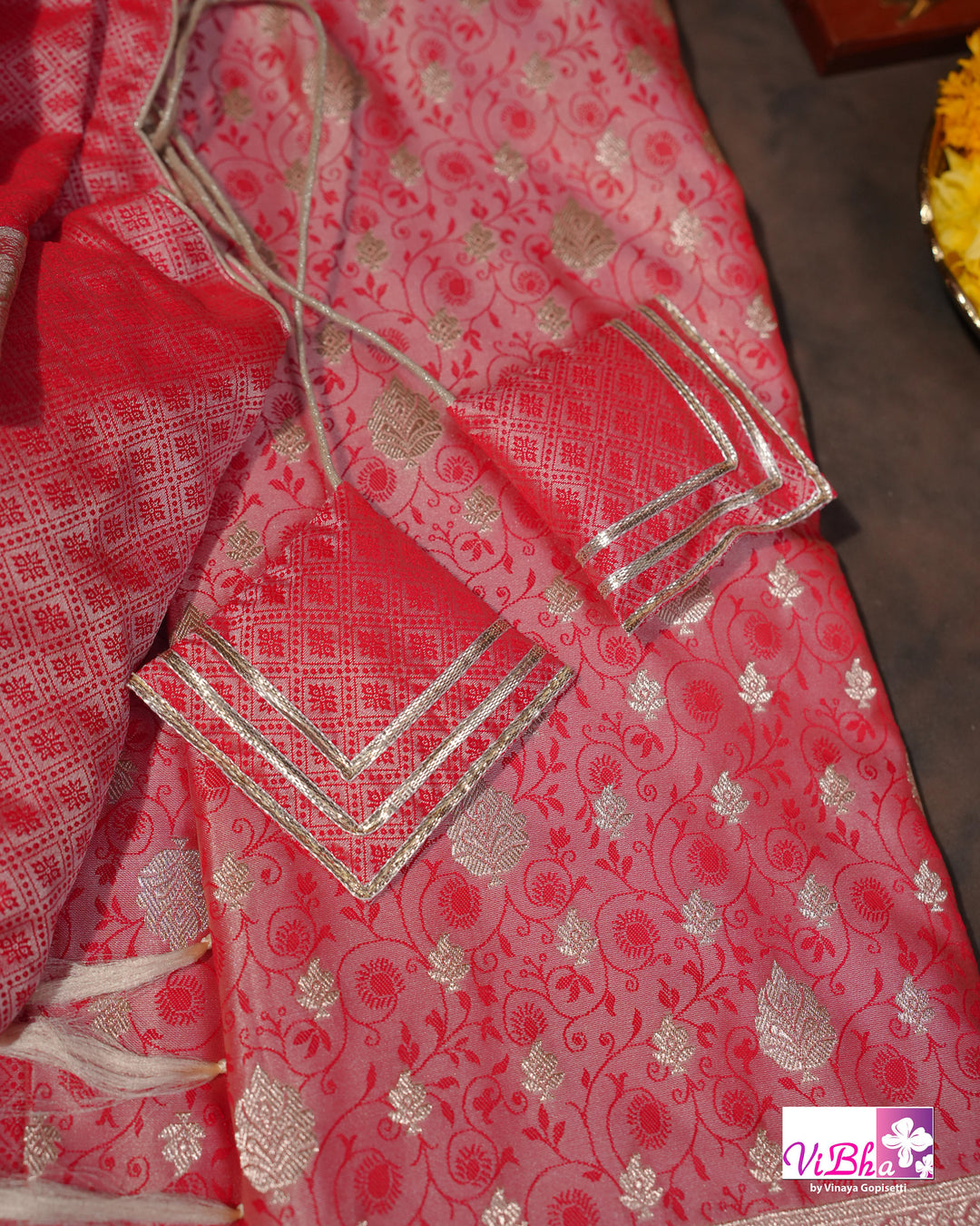 Pink and silver dual tone Jangla  saree